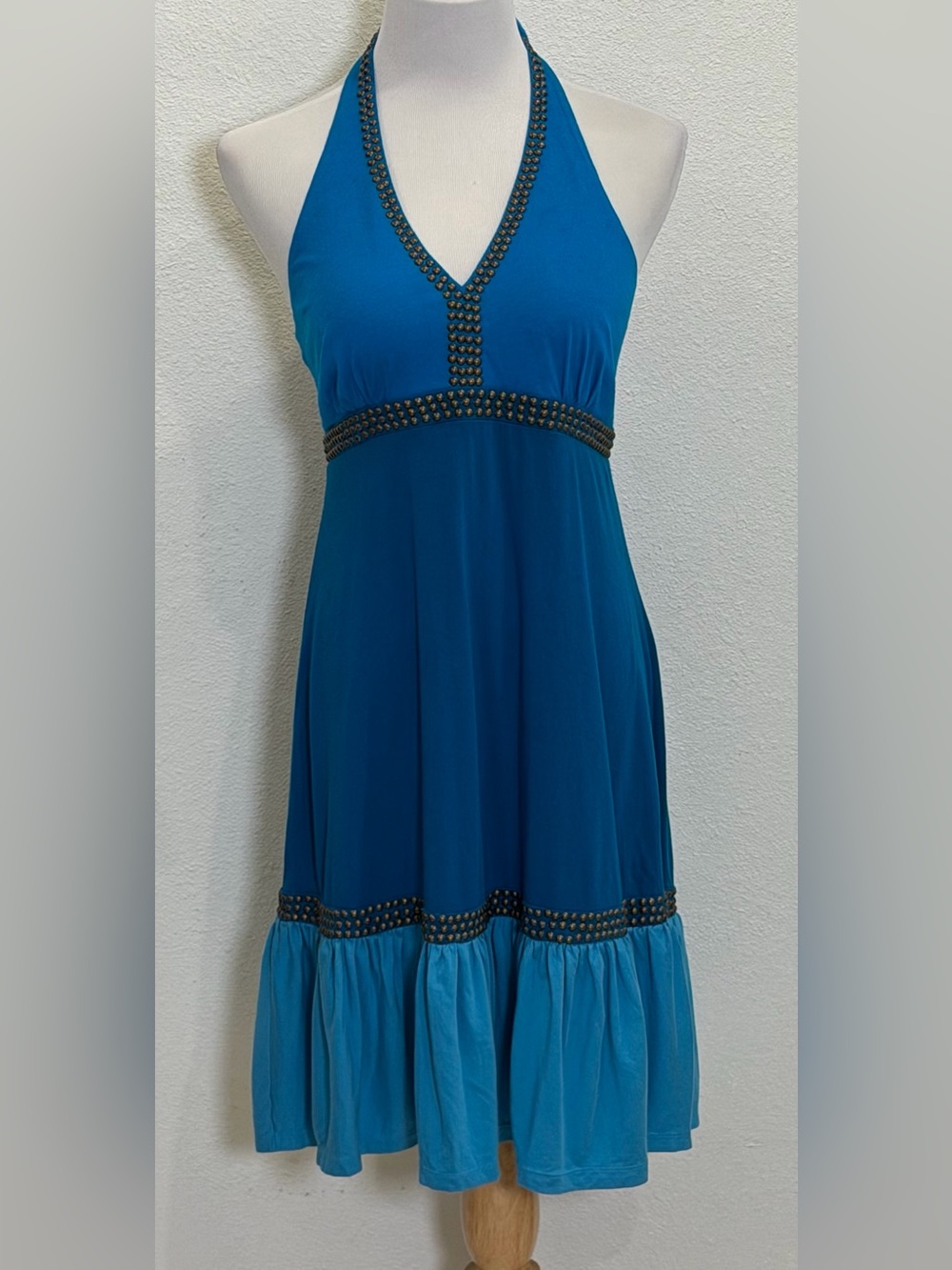 I.N.C. International Concepts Halter Dress Studded Trim Large Blue Y2K Empire‎